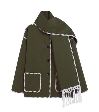 Woolen Trendy Coat With Scarf/for Fall & Winter 2024