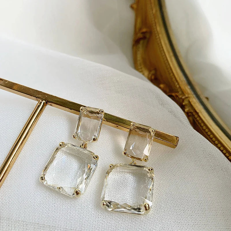 Transparent Square Glass Crystal Pendant Hanging Earring for Women