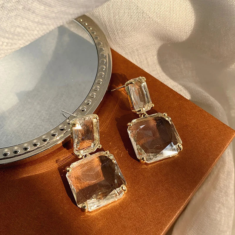 Transparent Square Glass Crystal Pendant Hanging Earring for Women