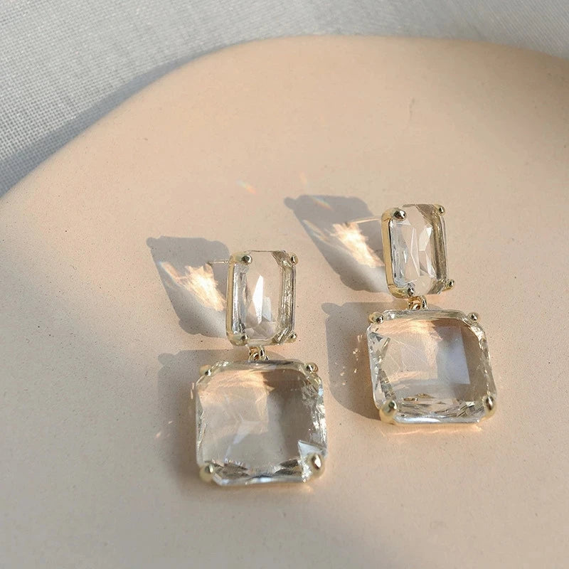 Transparent Square Glass Crystal Pendant Hanging Earring for Women