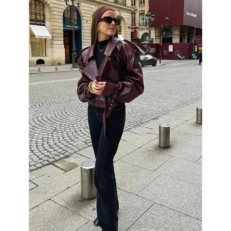 leather jackets burgundy red cropped coat fashion Lady party outwears