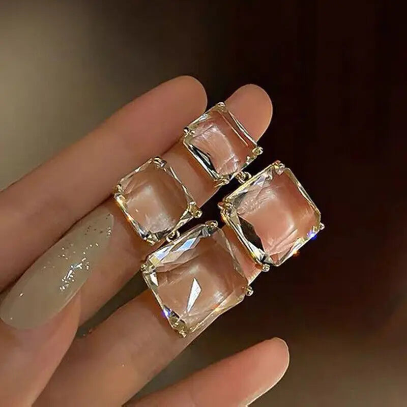 Transparent Square Glass Crystal Pendant Hanging Earring for Women