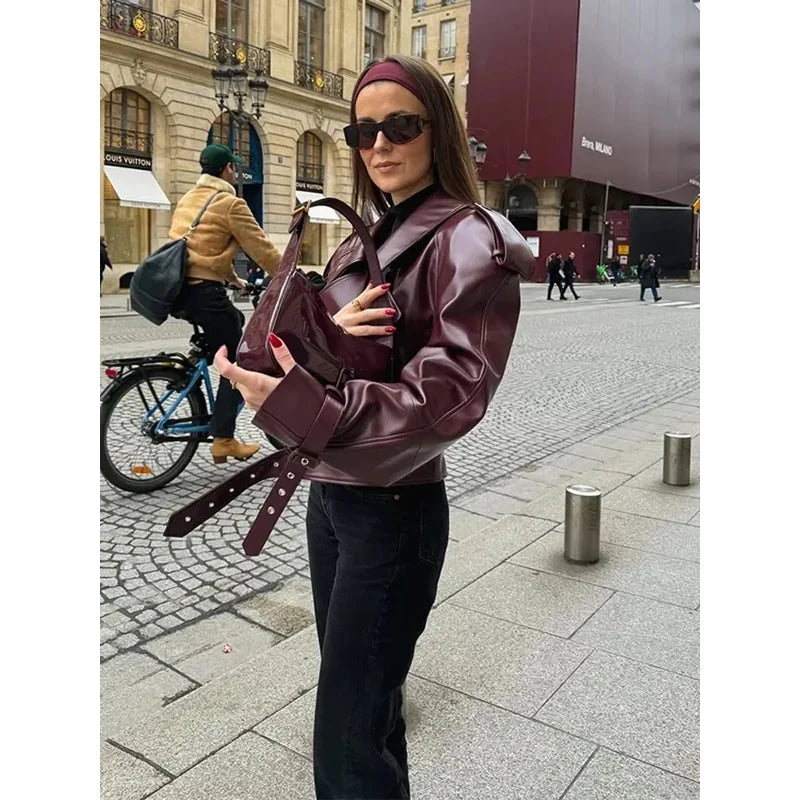 leather jackets burgundy red cropped coat fashion Lady party outwears