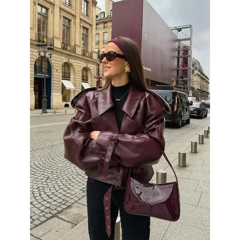 leather jackets burgundy red cropped coat fashion Lady party outwears