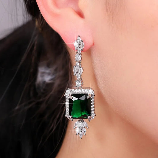 Geometric Square Green Cubic Zircon Dangle Earrings for women