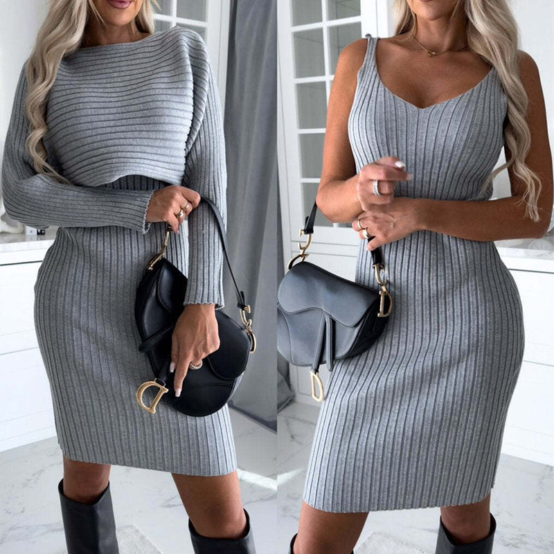 2pcs Suit Trendy Women's Solid Stripe outfit for Autumn & Winter